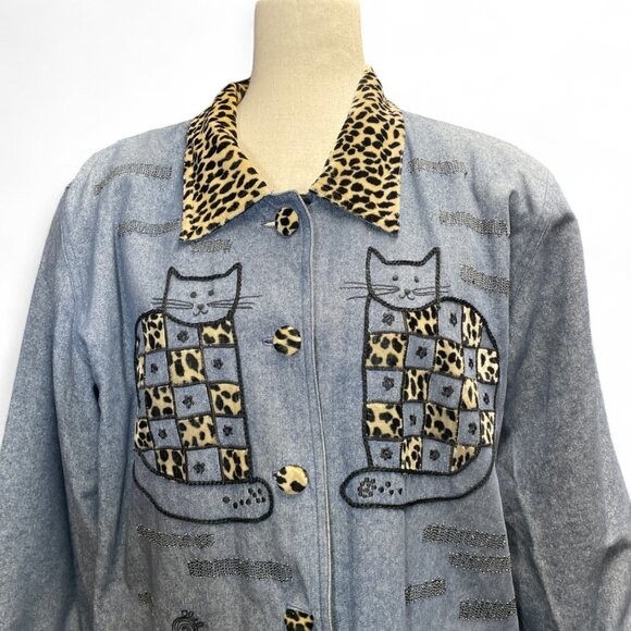 Vtg Great Cavalier by St. Paul Cat Embroidered Chore Silk Denim Jacket Size M - Picture 2 of 9